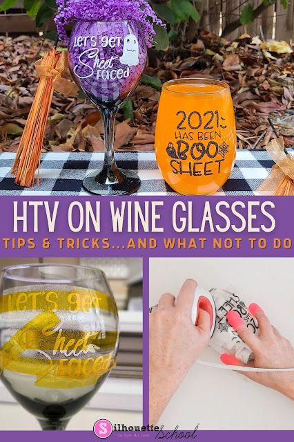 We get asked quite a bit around here if it's possible to put HTV on glass....for one reason or another (maybe you prefer working with heat transfer vinyl vs vinyl or you just have HTV on hand). The answer is YES...and the follow up question is always is HTV on glass dishwasher safe?  Let's get to all of that including some tips on how to make sure your design is wrinkle free! Read more » Heat Transfer Vinyl Tutorial, Wine Glass Vinyl, Vinyl On Glass, Funny Wine Glasses, Heat Transfer Vinyl Projects, Silhouette School Blog, Silhouette Cameo Tutorials, Silhouette School, Silhouette Tutorials