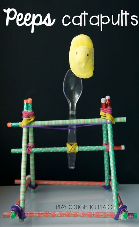 Awesome Peeps activity for kids. Make Peeps catapults. Brilliant STEM activity for Easter or spring. Easter Stem, Playdough To Plato, Stem Activity, Activities For Teens, Steam Activities, Stem For Kids, Stem Projects, Stem Science, Activity For Kids