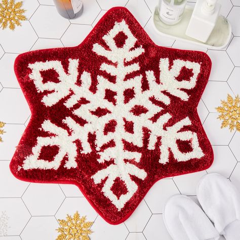 Christmas Bathroom Rugs, Modern Bath Towels, Holiday Bathroom, Shape Background, Cute Bath Mats, Christmas Bathroom, Christmas Rugs, Snowflake Shape, Snowflake Decorations