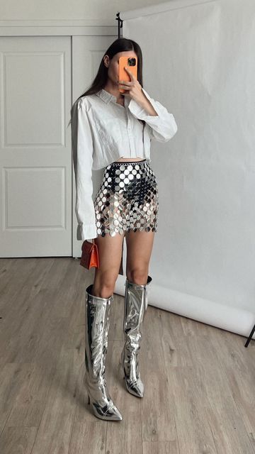 Silver Dress Styling, Silver Skirts Metallic, Silver Boots Outfit Baddie, Style Silver Boots, Silver Metallic Outfits, Tall Silver Boots Outfit, Silver Outfit Women, Metalic Boot Outfits, Sequin Skirt Silver