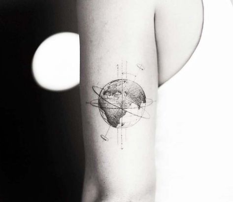 Tattoo photo - Earth tattoo by Alessandro Capozzi Physics Tattoos, Circular Tattoo, Globe Tattoos, Earth Tattoo, Black And Grey Tattoo, Wolf Tattoo Sleeve, Forearm Band Tattoos, Circle Tattoos, Planet Tattoos