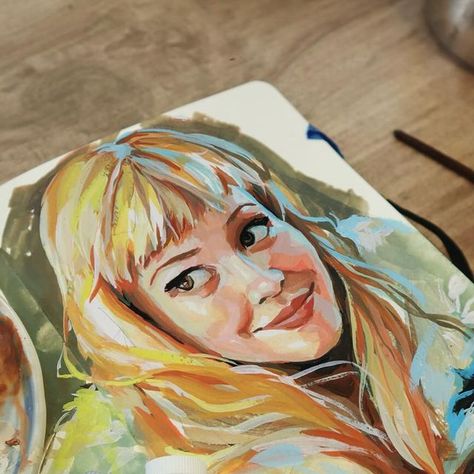 Gouche Painting Faces, Gouache Painting Face, How To Paint Watercolor Portraits, Gouache Art People, Gouache Painting People, Gouache Portrait Tutorial, Gouache Hair, Color Palette Portrait, Creative Portraits Painting