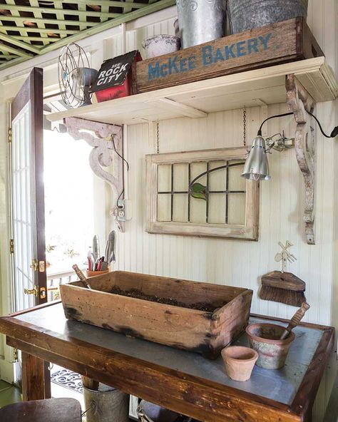 This Potting Shed Is What Every Gardener's Dreams Are Made of - Cottage Journal Potting Shed Signs, Potting Shed Organization, Potting Shed Interior Ideas, Small Potting Shed, She Shed Decorating Ideas, She Shed Interior, Garden Shed Interiors, Shed Makeover, Cottage Journal