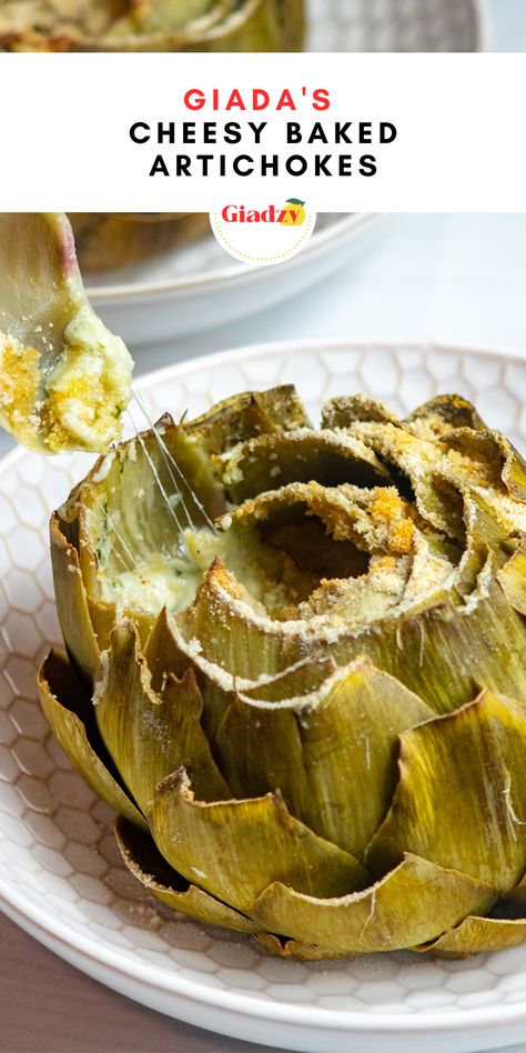 In alignment with Italian culture, I love artichokes. Even a simply steamed artichoke with a delicious dipping sauce is one of my favorite foods. These cheesy baked artichokes, however, are a fun new awakening for this delicious vegetable. This recipe is so great because it’s like the artichoke and the dipping sauce in one. I stuff these with a flavorful gorgonzola mixture – you can use blue cheese, but I prefer gorgonzola as it’s a bit creamier than its domestic counterpart. Baked Artichokes, Steamed Artichoke, Steam Artichoke, Stuffed Artichokes, Giada De Laurentiis Recipes, How To Cook Artichoke, Giada Recipes, Baked Artichoke, Artichoke Recipes