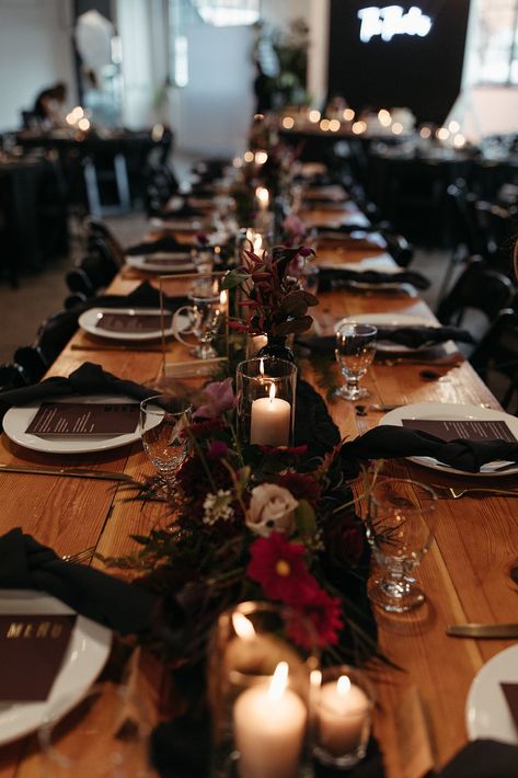 Dark And Moody Centerpiece, Moody Wedding Venue Decor, Black White And Burgundy Wedding Table Settings, Moody Country Wedding, Moody Winter Wedding Decor, Moody Romantic Fall Wedding, Dark Maroon Wedding Theme, Moody Fall Wedding Aesthetic, Moody Minimalist Wedding