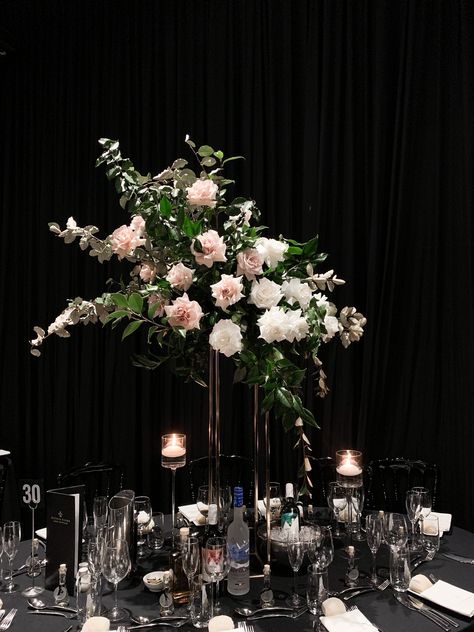 Black Harlow Stand Centerpiece, Harlow Stand Centerpiece, Vip Table, Floral Centerpieces, Abba, Wedding Centerpieces, Table Decor, Wedding Inspo, Arch