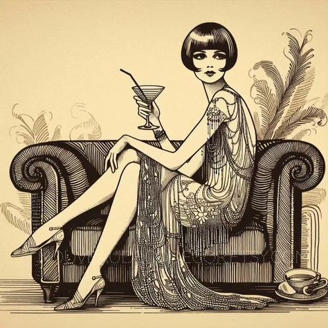 Flapper ideas I'm playing with.. #roaringtwenties #roaring20s #gatsbyparty #gatsbystyle #artdeco #artdecostyle #flapperdress #flappers #flappergirl #prohibitionera #prohibition Flapper Tattoo 1920s, Art Deco Flapper, Roaring 20s Women, Flapper Tattoo, 1930s Party, Roaring 20s Art, Roaring 20s Birthday Party, Women 1920s, 1920s Halloween