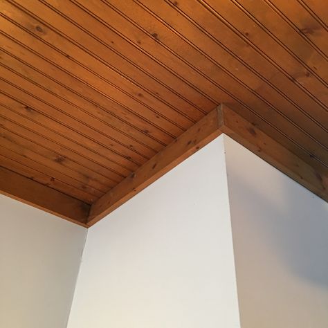 Kitchen - knotty pine bead board ceiling & square trim, medium stain (existing when we moved in) Wood Ceiling Trim, Stained Beadboard Ceiling, Ceiling Trim Ideas, Stained Beadboard, Square Trim, Ceiling Remodel, High Ceiling Lighting, Board Ceiling, Ceiling Trim