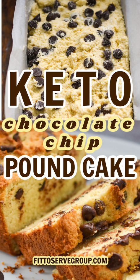 close up images of keto chocolate chip pound cake batter in a parchment lined loaf pan and then baked and sliced. Keto Chocolate Chip Desserts, Keto Pound Cake Recipes Easy, Low Carb Loaf Cake, Keto Cream Cheese Chocolate Pound Cake, Keto Chocolate Chip Bread, Keto Chocolate Pound Cake, Keto Loaf Cake, Keto Pudding Cake, Keto Pound Cake Recipes