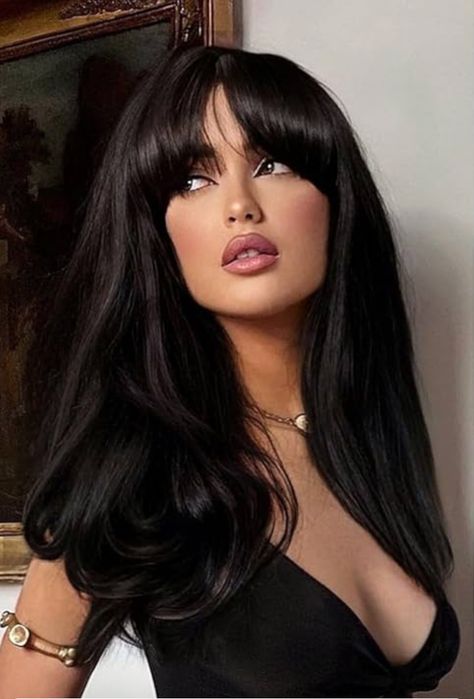 Black Hair With Volume, Black Bombshell Hair, Theatrical Romantic Bangs, Black Hair Volume, Black Long Hair With Bangs, Star Ethereal, Black Hair Fair Skin, 2024 Bangs, Fringe Hairstyle