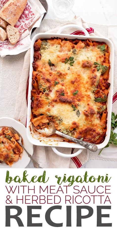 Baked Rigatoni With Ricotta, Kitty Recipes, Ricotta Pasta Recipes, Herbed Ricotta, Rigatoni Recipes, Baked Ricotta, Baked Rigatoni, Meat Sauce Recipes, Savory Meals