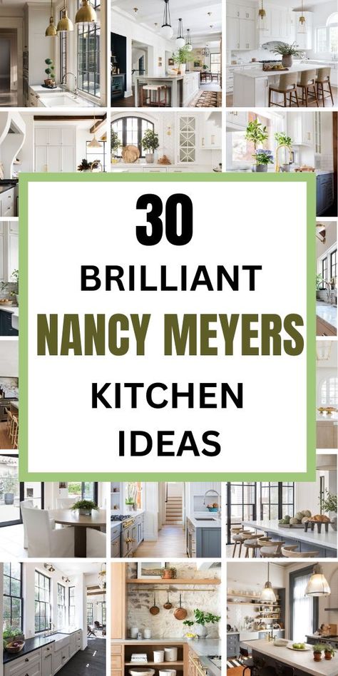 Transform your kitchen with the timeless elegance of Nancy Meyers' design style using our Nancy Meyers Kitchen Ideas! 🍽️✨ 

Embrace a warm, inviting space with a mix of classic and contemporary elements. Opt for white or neutral cabinetry, marble countertops, and farmhouse sinks for a clean, sophisticated look. Add charm with vintage-inspired fixtures, open shelving, and glass-front cabinets to display your favorite dishes.

Incorporate cozy seating areas with upholstered bar stools or a charming breakfast nook. Enhance the ambiance with pendant lighting, fresh flowers, and thoughtfully curated accessories. Create a kitchen that feels both luxurious and welcoming, just like the ones in Meyers' beloved films! Nancy Myers Style Kitchen, Courtyard Bungalow, Nancy Meyers Kitchen, Small Kitchen Makeover, Nancy Myers, Nancy Meyers Movies, Kitchen Cabinet Trends, Cozy Ideas, Farmhouse Sinks