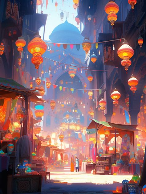 Magical Places Aesthetic Art, Festival Fantasy Art, Magic World Aesthetic, Fantasy Marketplace, Manga Scenery, Arabian Market, Dnd Landscape, Fantasy Village, D D Character Ideas