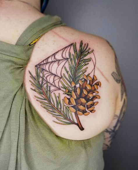 Neotraditional Pinecone Tattoo, Chicken Of The Woods Tattoo, Fall Themed Sleeve Tattoo, Fall Nature Tattoo, Leg Nature Tattoo, Fall Foliage Tattoo, Tattoos Body Positivity, Positivity Tattoos, Vermont Tattoo