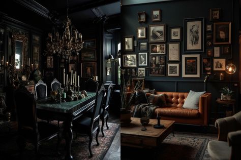 Use These Dark Academia Decor Ideas to Create a Moody, Aesthetic Home | The Pagan Grimoire Academia Apartment Aesthetic, Academia Apartment, Pagan Grimoire, Dark Academia Living Room, Dark Academia Bedroom Ideas, Black Academia, Gothic Interior Design, Academia Bedroom, Dark Wood Dining Table