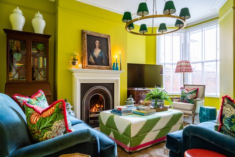 Explore a wild, maximalist Victorian townhouse near the sea in Somerset | Livingetc Best Curtains, Classic Column, Green Living Room, Sitting Room Design, Maximalist Interior, Victorian Townhouse, Picture Rail, Eclectic Living Room, Yellow Walls