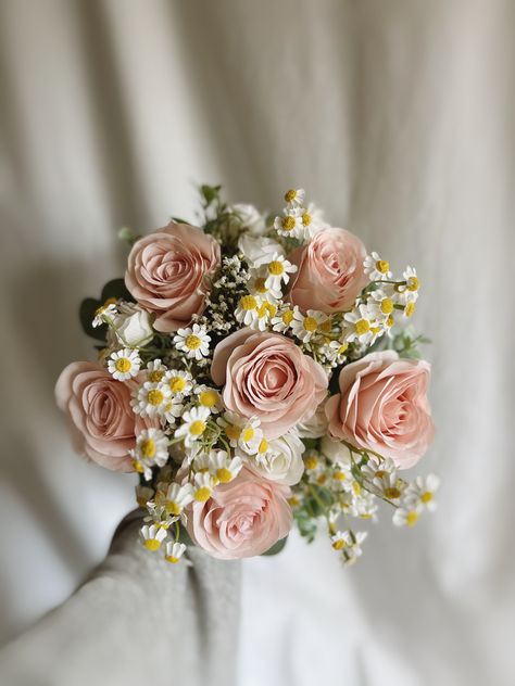 "This romantic artificial wedding bouquet is made of faux flowers of peach, pink and cream colors and faux fillers. It will make the perfect addition to your big day!  The stems are wrapped in twine.  The bridal bouquet pictured is 12\" (30 cm). Bridesmaids Bouquet is 7\"-8\". Toss Bouquet is 6\" Matching bridesmaids bouquets, toss bouquet, corsages and boutonnières and other accessories are available." Pink Peony Bridesmaid Bouquet, All Rose Wedding Bouquet, Pink Daisy Wedding Bouquet, Bride Bouquets Roses, Pink Bridal Bouquet With Greenery, Wedding Bouquets Bride And Bridesmaid, Pink Floral Arrangements Wedding, Daisy And Rose Bouquet, Light Pink Wedding Bouquet