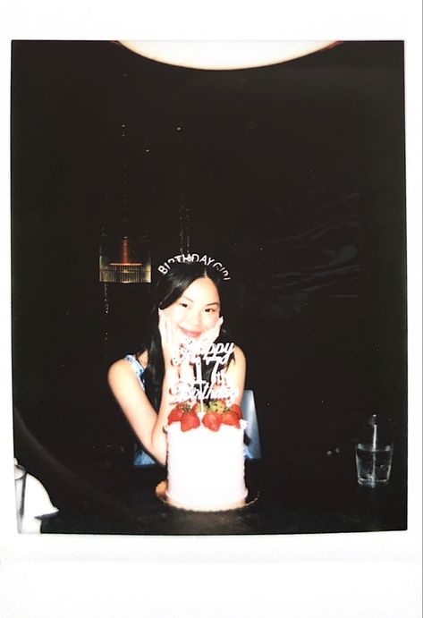 polaroid picture of an Asian girl with a birthday cake in front of her. Film Birthday Aesthetic, Birthday Film Aesthetic, Birthday Pics Ideas With Cake, Birthday Film Pictures, Birthday Film Photos, Birthday Polaroid Aesthetic, Film Birthday Photoshoot, Outfit For Birthday Photoshoot, Birthday Pics Ideas Aesthetic