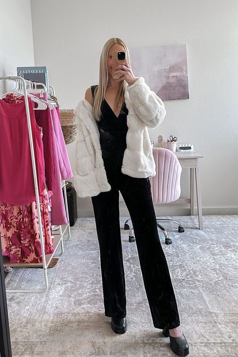 Winter wedding guest outfit idea or winter formal event outfit! This black velvet jumpsuit outfit from Lulus is one of my favorite formal outfits! I'm wearing a size XS and it fits true to size - length is great too! This white faux fur coat pairs perfectly over it. Check out more of my winter outfit ideas here! Black Velvet Jumpsuit Outfit, Velvet Jumpsuit Outfit, Formal Event Outfit, Jumpsuit Outfit Winter, Jumpsuit Styling, Winter Wedding Guest Outfit, Black Velvet Jumpsuit, White Faux Fur Coat, Wedding Guest Outfit Winter