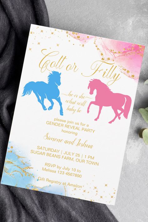 Colt or filly He or she pink blue horse gender reveal Invitation template instant download Gender Reveal Ideas Horses, Country Gender Reveal Themes, Horse Gender Reveal Ideas, Horse Gender Reveal, Cowboy Gender Reveal, Country Gender Reveal, Pink Blue Gender Reveal, Cowboy Baby Shower Invitations, Blue Gender Reveal