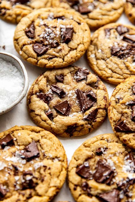 Brown Butter Chocolate Chunk Cookies #cookie #brownbutter #chocolate #baking #seasalt #dessert #dessertrecipe | Kroll's Korner Brown Butter Chocolate Chunk Cookies, Types Of Cookies, Brown Butter Cookies, Brown Butter Chocolate Chip Cookies, Stuffed Cookies, Caramel Bits, Chewy Cookies, Flaky Salt, Cookie Flavors