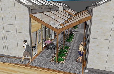 Tiny Townhouses Proposed for Vancouver's Homeless Homeless Ideas, Community Space Design, Architecture Analysis, Homeless Housing, Rain Gardens, Heat Recovery Ventilation, Tiny Living Space, Temporary Housing, Urban Housing