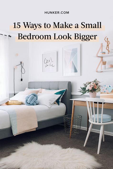 Even if your space is barely large enough for your bed, we have 15 cool ideas that will make your bedroom look and feel bigger. #hunkerhome #bedroom #smallbedroom #smallbedroomideas Bed Against Wall, Small Double Bedroom, Small Bedroom Style, Ideas Armario, Narrow Bedroom, Very Small Bedroom, Student Bedroom, Small Bedroom Layout, Woman Bedroom