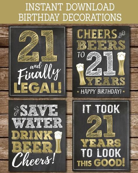 Beers theme 21st Birthday Party Signs for guys. Gold and white on a chalkboard-effect background. 21 Birthday Ideas For Guys Decorations, 21 Birthday Party Decorations, 21st Birthday Themes, 21st Birthday Sign, Guys 21st Birthday, Back Drops, Birthday Decorations At Home, 21st Bday Ideas, Birthday Signs