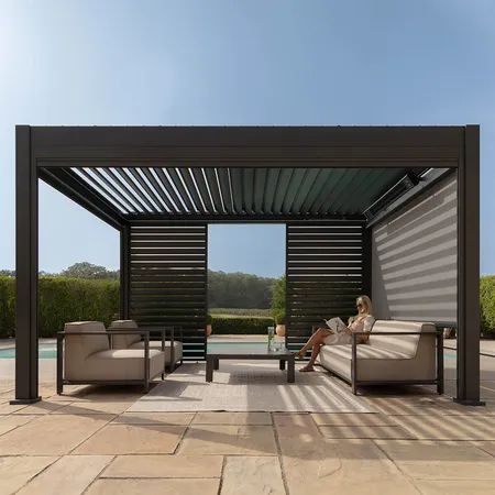 Aluminium Garden Pergolas | Maze Living Louvre Wall, Privacy Blinds, Garden Pergola, Aluminum Pergola, Paving Slabs, Led Color Changing Lights, Pergola With Roof, Roof Framing, Outdoor Oasis