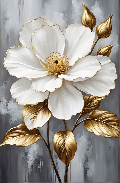 White And Gold Wall Art, White And Gold Painting, White Gold Flowers, Oil Painting Ideas, Decoupage Flowers, White Flower Painting, Wall Art Flowers, Gold Art Painting, Flower Oil Painting