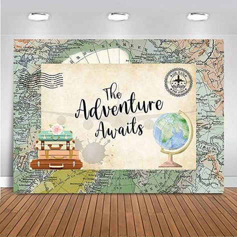 Map Photography, Birthday Photo Background, Adventure Awaits Baby Shower, Outdoor Party Decorations, Baby Shower Photos, Adventure Begins, Baby Shower Backdrop, Photo Banner, Custom Backdrop