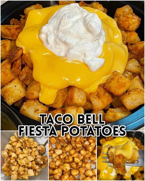 This Cheesy Fiesta Potatoes recipe is a Taco Bell-inspired treat you can easily whip up at home! With seasoned potatoes, nacho cheese sauce, and sour cream, these crispy cubes are perfect for any occasion. Skip the drive-thru and enjoy this fast-food favorite in minutes. Taco Bell Festa Potatoes, Taco Bell Cheesy Fiesta Potatoes, Taco Bell Fiesta Potatoes, Cheesy Fiesta Potatoes, Taco Bell Potatoes, Fiesta Potatoes, Taco Bell Recipes, Princess Pinky Girl, Pinky Girl