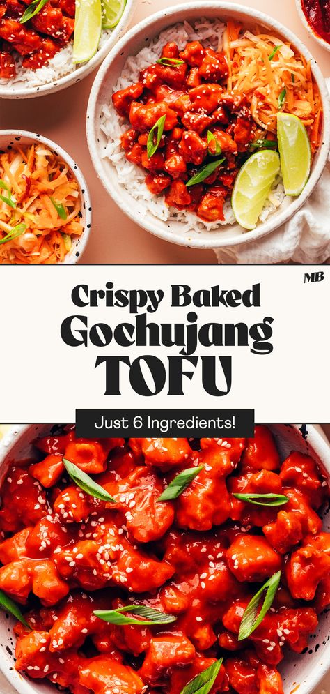 Crispy, saucy, Korean-inspired baked tofu with gochujang sauce. The perfect savory, spicy, protein-packed companion for kimchi and other Korean-inspired sides. Just 6 ingredients and 30 minutes required! Foodie Recipes Healthy, Gochujang Tofu, Crispy Baked Tofu, Gochujang Sauce, Tofu Stir Fry, Minimalist Baker, Healing Recipes, Baked Tofu, Extra Firm Tofu