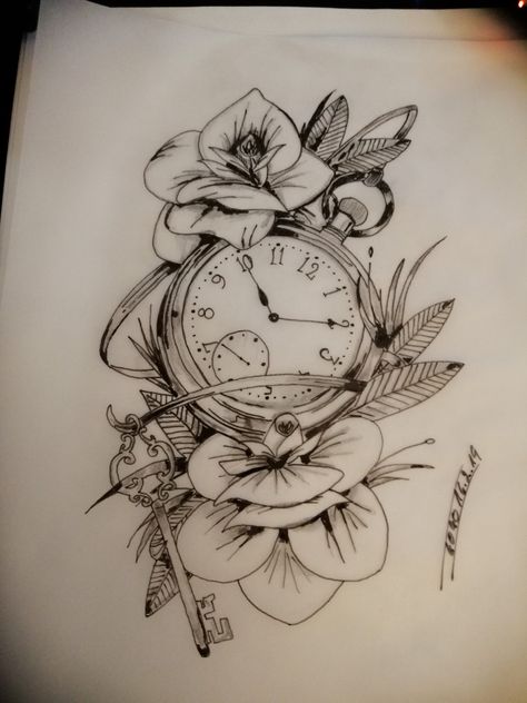 Wendy Tattoo, Mom Sleeve Tattoo Ideas, Jj Tattoo, Time Piece Tattoo, Vintage Clock Tattoos, Thigh Piece Tattoos, Key Tattoo Designs, Watch Tattoo Design