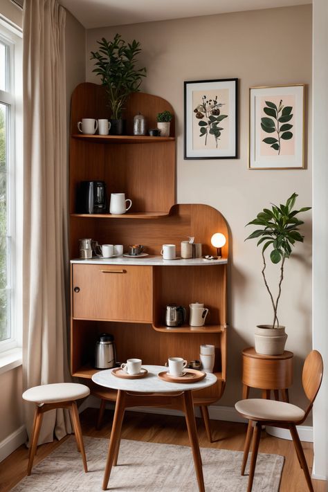 Transform your coffee break into a chic getaway with these 10 inspiring mid-century modern coffee nook ideas! Featuring sleek furniture, organic shapes, and thoughtful details like cozy potted plants and curved shelving, you'll love how these designs make every sip special. Whether you enjoy morning brews or sun-soaked afternoon vibes, a mid-century modern coffee nook will enhance any corner of your home. Dive into our styles to create the perfect coffee retreat that reflects your personality while enjoying each delightful brew. Modern Transitional Coffee Bar, Modern Coffee Nook, Mid Century Modern Coffee Bar, Coffee Nook Ideas, 2025 Pantone, Coffee Nooks, Afternoon Vibes, Coffee Table Inspiration, Mid Century Modern Bar