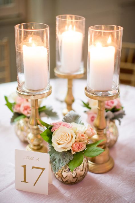 Pillar Candle Centerpiece | photography by http://justindemutiisphotography.com/ Pillar Candle Centerpieces, Candle Wedding Centerpieces, Wedding Floral Centerpieces, Vintage Display, Ballroom Wedding, Deco Floral, Candle Centerpieces, Wedding Flower Arrangements, Affordable Wedding