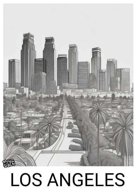 Coloringbook page, A4 poster Los Angeles Skyline Drawing, Skyline Drawing, Los Angeles Skyline, A4 Poster, Angeles, Angel, Drawings, Los Angeles