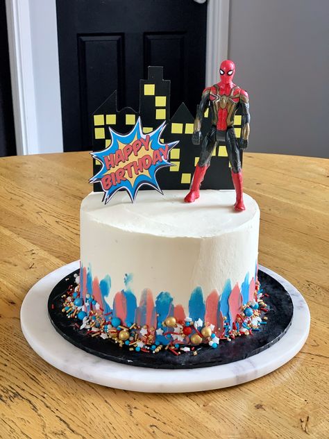 Buttercream Spiderman Cake Design, Spider Man Cake Buttercream, Modern Spiderman Cake, Spiderman Buttercream Cake Ideas, Spider Man Theme Cake Design, Superhero Buttercream Cake, White Spiderman Cake, Spider Man And Batman Cake, Buttercream Spiderman Cake