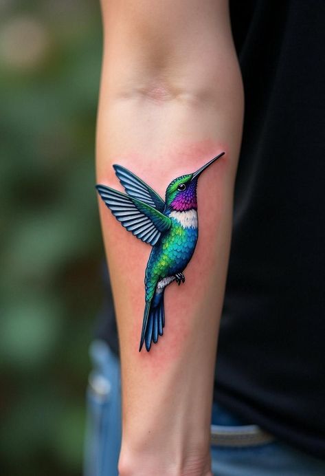 Hummingbird Tattoos Color, Hummingbird Tattoos For Women Arm, Hummingbird Tattoo With Orchids, Coloured Tattoo Ideas, Stained Glass Hummingbird Tattoo, Hummingbird Spine Tattoo, Hummingbird Memorial Tattoo, Hummingbird Tattoo Color, Colorful Arm Tattoos For Women