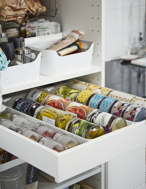 Say goodbye to stacking cans, and hello to an organised pantry drawer! You’ll be able to see and reach the very back with ease. Find more pantry storage tips, right now at #IKEAIDEAS Ikea Kitchen Organization, Commode Shabby Chic, Ikea Kitchen Storage, Diy Study Table, Ikea Pantry, Organiser Cucina, Pantry Storage Containers, Pantry Drawers, Kitchen Cupboard Storage