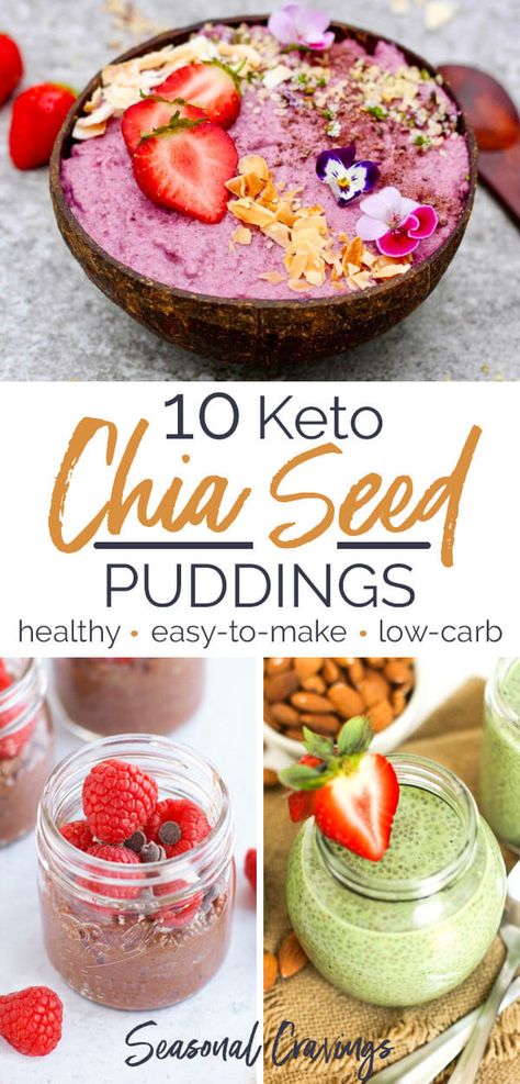 These 10 Keto Chia Seed Puddings will make a healthy breakfast or late afternoon snack.  #keto #glutenfree #chiaseeds Keto Recipes With Chia Seeds, Chia Seed Recipes For Diabetics, Keto Chia Seed Pudding Coconut Milk, Chia Seed Pudding For Diabetics, Low Carb Chia Seed Recipes, Crunchy Keto Snacks, Chia Seed Pudding Keto, Keto Puddings, Keto Chia Seed Pudding