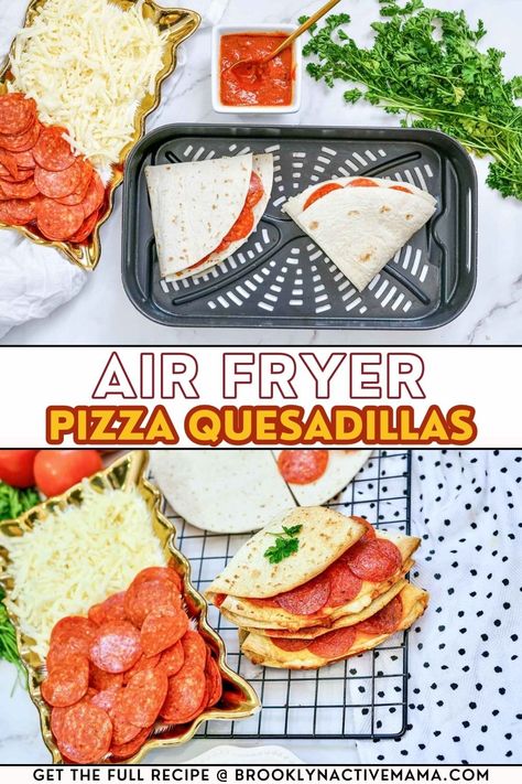 Easy Air Fryer Cheesy Pizza Quesadillas Pepperoni Quesadilla, Quesadilla Air Fryer, Pizza Roses, Pizza Quesadillas, Pizza Quesadilla, Pizza Bomb, Air Fryer Pizza, Cheesy Pizza, Air Fryer Cooking Times