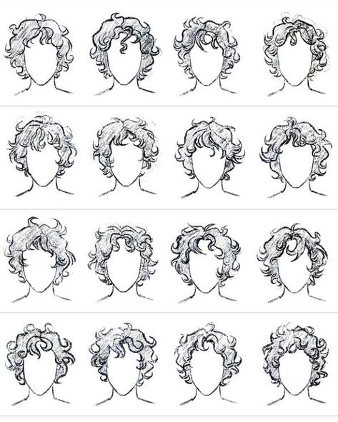 Curly hair:) Curly Male Hair Drawing Reference, Curly Hair Base Drawing Male, Anime Guy Curly Hair Reference, How To Draw Hair Male Curly, Short Curly Hairstyles Drawing Reference, Drawing Curly Hairstyles, Short Hair Styles Reference, Curly Mullet Reference, Curly Hair Styles Drawing Reference