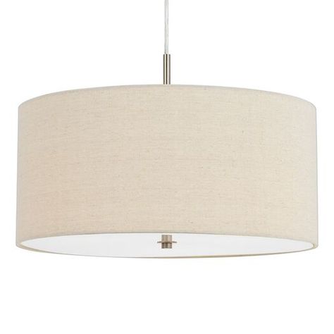 Featuring a natural linen drum shade with a shiny metallic frame and a white cord, this small three-light pendant lamp illuminates the kitchen or bedroom with a warm neutral glow. A diffuser is included to soften the light, protecting the eyes of anyone who passes beneath it. Dining Room Table Light Fixture, Dining Room Table Light, Small Round Dining Table, Drum Shade Chandelier, Mid Century Lighting Pendant, Barrel Table, Dining Table Lighting, Metallic Frame, Round Pendant Light