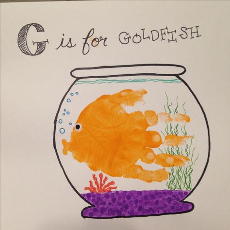 G is for Goldfish Handprint G Is For Goldfish Craft, Pet Handprint Art, Orange Infant Crafts, G Is For Handprint Craft, G Footprint Craft, C Is For Craft Handprint, G Is For Craft Handprint, Goldfish Handprint Craft, Alphabet Footprint Craft