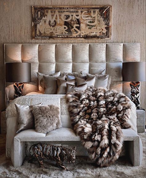 Luxe Bed, Fur Blankets, Glam Bedroom Decor, Luxury Bedrooms, Stylish Bedroom Design, Glam Bedroom, King Or Queen, Modern Luxury Bedroom, Apartment Decor Inspiration