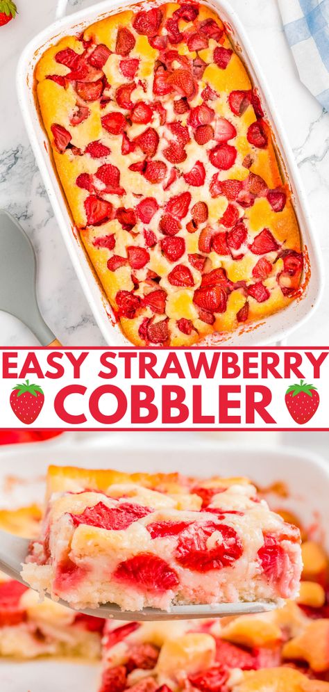 Quick and Easy Strawberry Cobbler — 🍓🙌🏻🍓 The EASIEST strawberry cobbler ever with this no-mixer quickie dessert recipe that takes advantage of fresh strawberries! No eggs and just 7 basic ingredients to make this soft and tender cobbler that's ready in 1 hour. PERFECT for casual entertaining, parties, picnics, and potlucks! You can use other types of fresh fruit if desired.'s ready in 1 hour. PERFECT for casual entertaining, parties, picnics, and potlucks! You can use other types of fresh fr Dessert Recipes Using Fresh Strawberries, Can Strawberry Desserts, No Bake Strawberry Recipes, Strawberry Cobbler Recipe Easy, Easy Desserts With Strawberries, Easy Strawberry Desserts No Bake, Strawberry Easy Dessert, Fruit Cobbler Recipes Easy, Strawberry Desserts Easy Quick