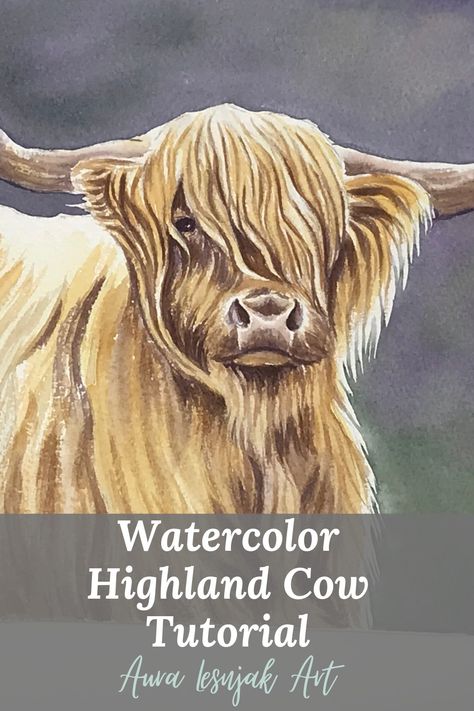 Highland Cow Watercolour Tutorial, Highland Cow Christmas Cards, Watercolor Highland Cow Tutorial, How To Paint A Highland Cow, Highland Cow Tutorial, How To Draw A Highland Cow, Highland Cow Painting Easy, Watercolor Fur, Watercolor Cows