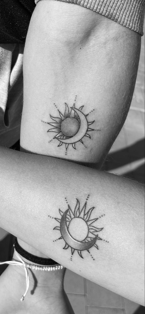 Sun And Moon Connecting Tattoo, Connecting Hand Tattoos For Couples, Masculine Sun Feminine Moon Tattoo, Sun And Mood Matching Tattoos, Feminine Sun And Moon Tattoo, Friendship Tattoos Sun And Moon, Sun And Moon Tattoo Together, Sun And Moon Dreamcatcher Tattoo, Couples Sun And Moon Tattoo