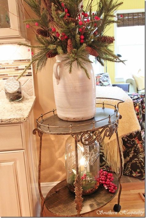 IMG_0429 Churn Decor Ideas, Butter Churn Decor Ideas, Crock Decor, Christmas Bar Cart, Battery Candle, Christmas Vignette, Ball Canning, Welcome To Christmas, Butter Churn